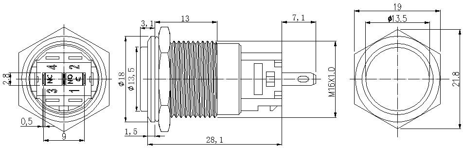16MM Metal Button Introduction 1.Button mounting hole size is 16mm 2.The waterproof level of the button is ip67 3.The current of the button is 5a 250V. 4.The button connection method is soldering pins. 5.Button materials include brass, stainless steel and zinc alloy. Zinc alloy materials can oxidize various colors, some red, green, yellow, blue and black. The outlook is very atmospheric and pretty. 6.The head of the button has round head, high head and flat head. 7.The button has only one With lock function. 8.The voltage of the push button can be 2V 3V 5V 6V 12V 24V 110V 120V 220V 380V and so on. 9.16MM button can be made in two-color and three-color. 10.The surface of the button can be any symbol. Question and Answer Q:What certification does the 16mm button have? A:The button has ul ccc ce certification etc. Q:Where is the 16mm button used? A:16mm is used in automatic machines, electrical products, toy products, etc. Q:Is the 16mm button sold well? A:Due to the high cost performance, the buttons are sold very much, and they are also very good on Amazon and eBay. Q:What is the maximum current of 16mm button? A：16mm button maximum current can do 10a. Q:What is the shelf life of the 16mm button switch? A:The shelf life of the button is 2 years. Q:Can the button be customized? A:filn can customize various buttons according to customer's needs. Q:How much is the temperature resistance of the button A:Button temperature resistance 100 degrees