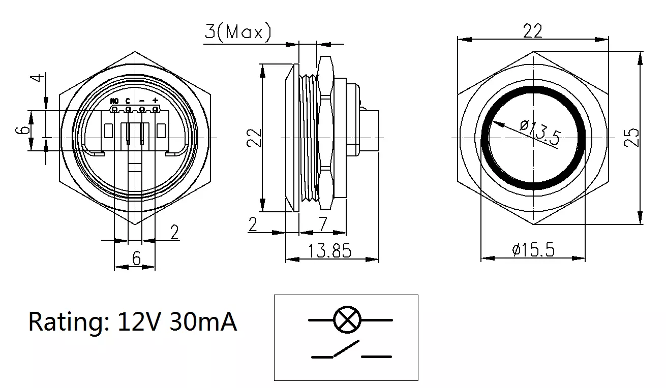 19mm 짧은 금속 푸시 버튼 스위치