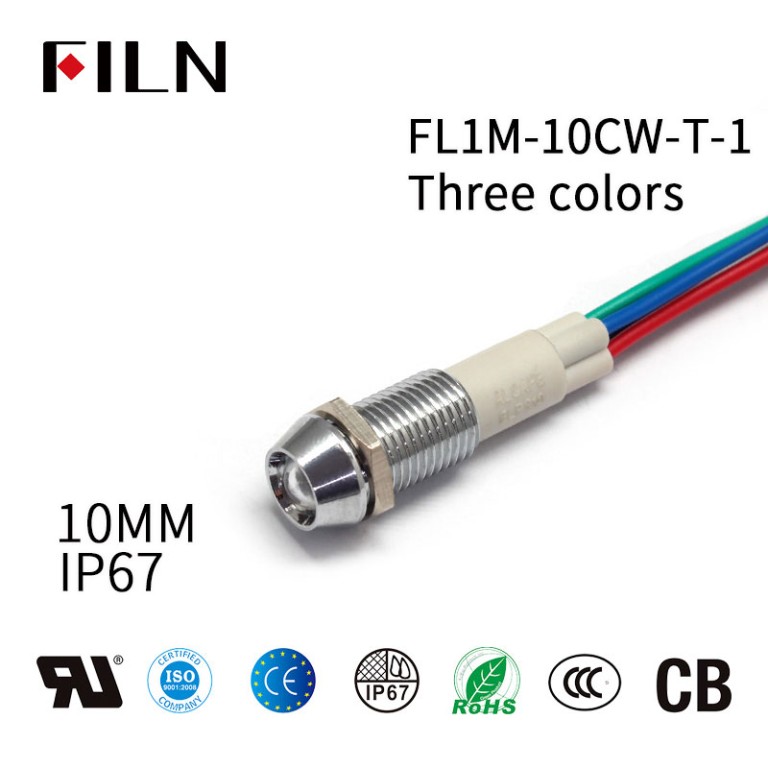 Luz indicadora de señal de metal de tres colores de 10 mm con un cable