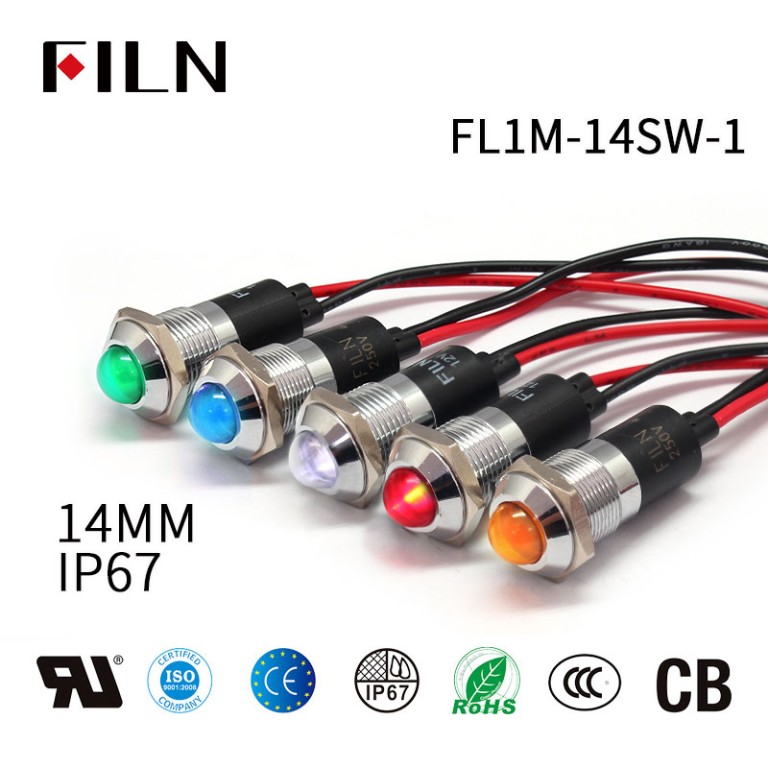 Luces piloto LED FILN Luz indicadora piloto de metal LED de cabeza convexa de 14 mm