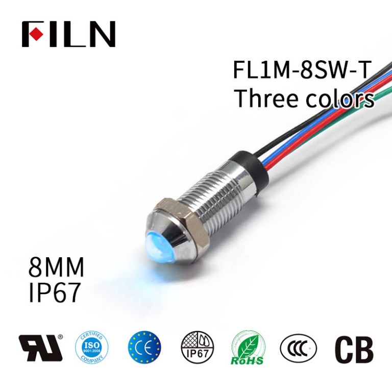 8MM Three Color Waterproof IP67 Metal Signal Indicator Light