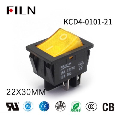 Filn 250V 15A Yellow LED 4 Prong Rocker Switch