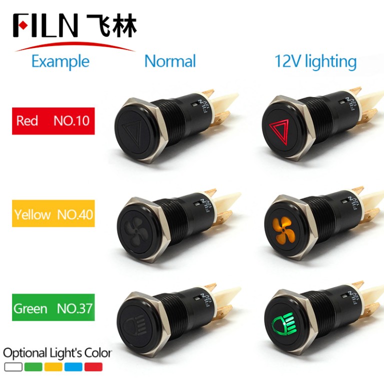 FILN Luz indicadora de símbolo de automóvil personalizada de 12 V-luz de metal de 8 mm y 12 V