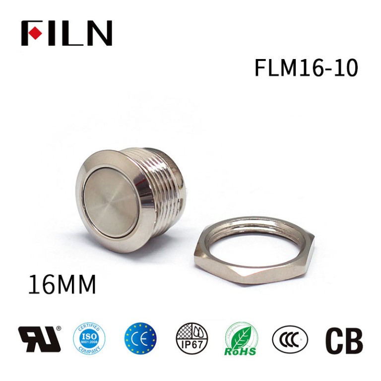 12mm push button switch FILN Flat Head Metal Push Button 16mm Waterproof 2Pin Solder Terminal