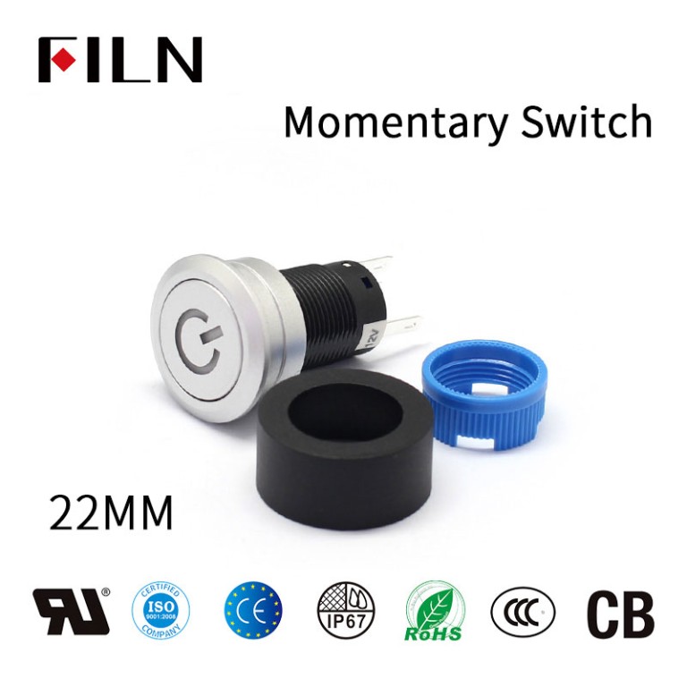 FILN 22 mm Illuminated 12V Led Reset Round Momentary Plastic Power Logo Momentary Switch