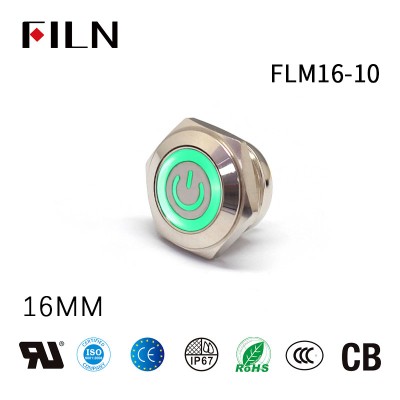 Push Button Switch ON OFF: 16mm Diameter Momentary 12V Metal With Ring LED Power Symbol