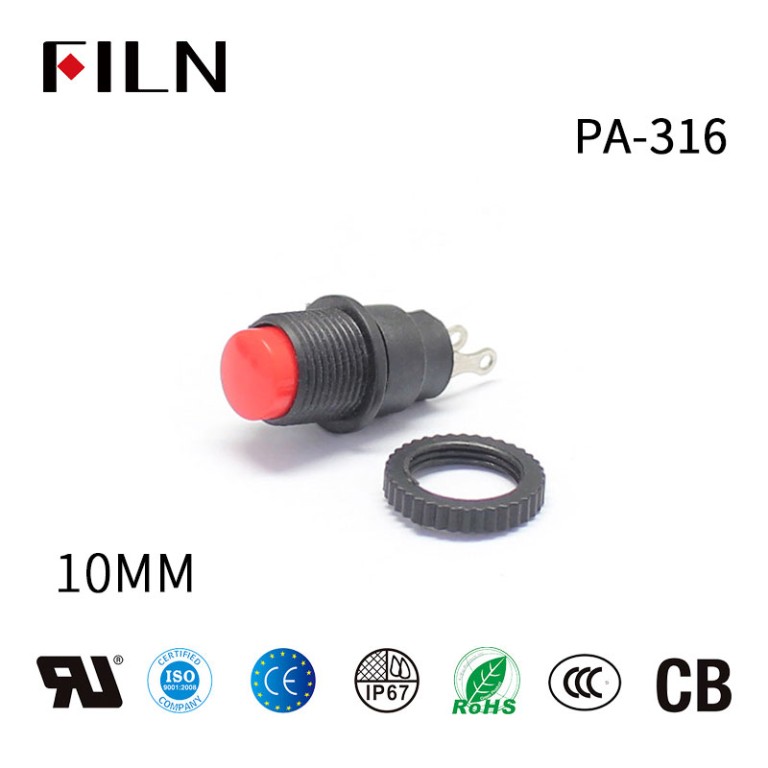 Botón pulsador normalmente abierto de plástico de auto reinicio de 10 mm