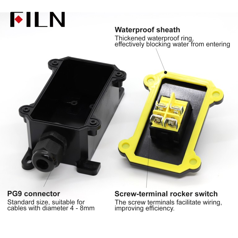 IP66 Waterproof Inline Switch FILN Inline Cord Box Waterproof Switch 30A KCD4 Aluminum Rocker