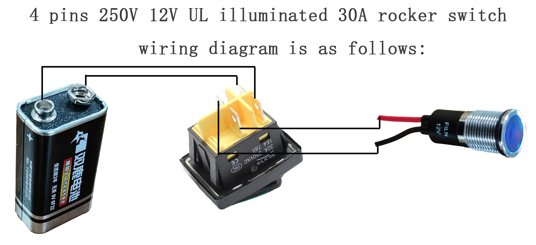 4 Pins 250V 12V UL Illuminated 30A Rocker Switch