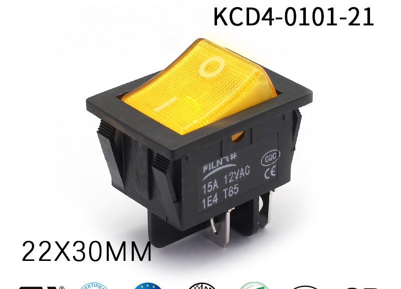 Filn 250V 15A Yellow LED 4 Prong Rocker Switch