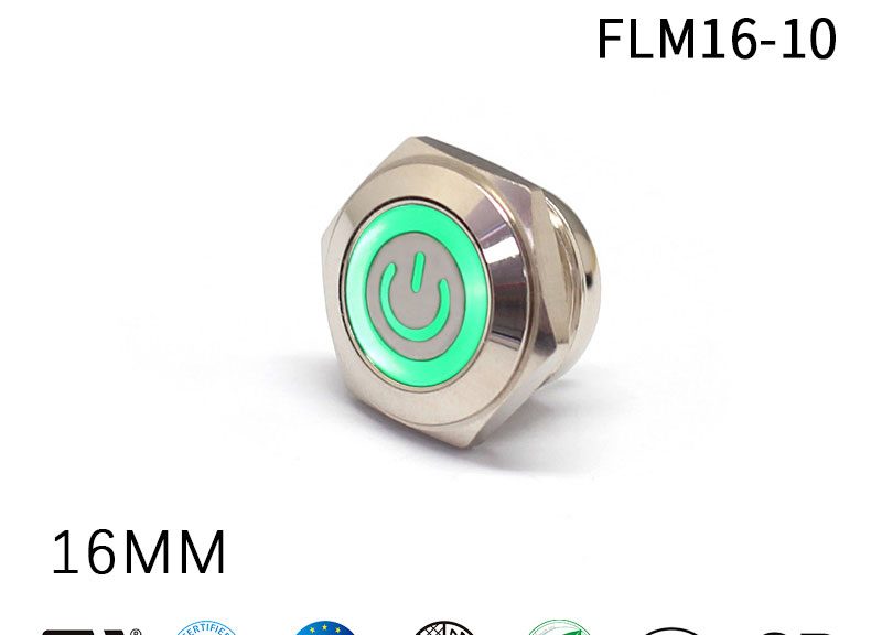 Push Button Switch ON OFF: 16mm Diameter Momentary 12V Metal With Ring LED Power Symbol